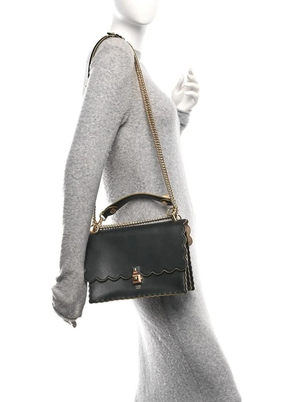 FENDI Vitello Liberty Scalloped Studded Kan I Shoulder Bag Black